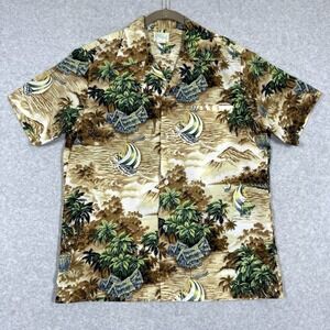 Vintage Kole Kole Hawaiian Shirt Men Medium Sailboat Grass Hut Volcano Retro 60s